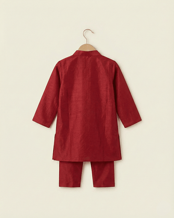 Maroon Dola Silk Kurta Pyjama Set for Boys with Thread & Mirror Work - BYB PREMIUM