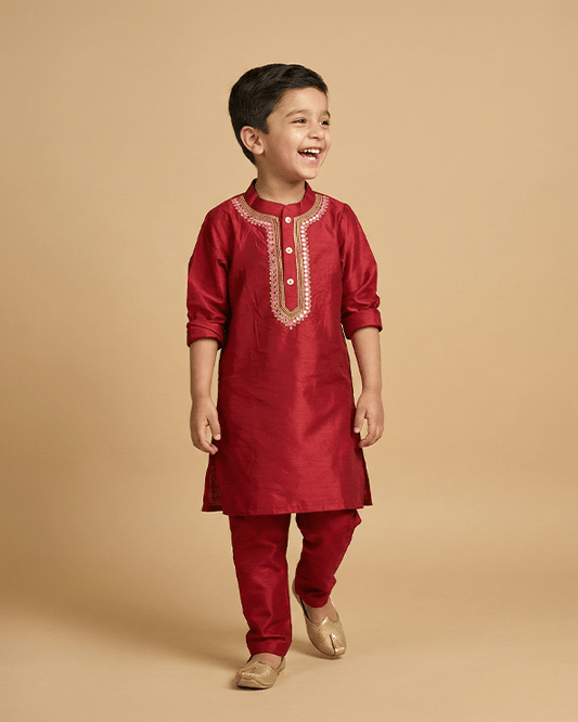 Maroon Dola Silk Kurta Pyjama Set for Boys with Thread & Mirror Work - BYB PREMIUM