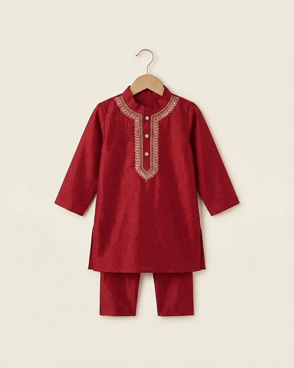 Maroon Dola Silk Kurta Pyjama Set for Boys with Thread & Mirror Work - BYB PREMIUM