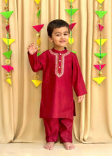 Maroon Dola Silk Kurta Pyjama Set for Boys with Thread & Mirror Work - BYB PREMIUM