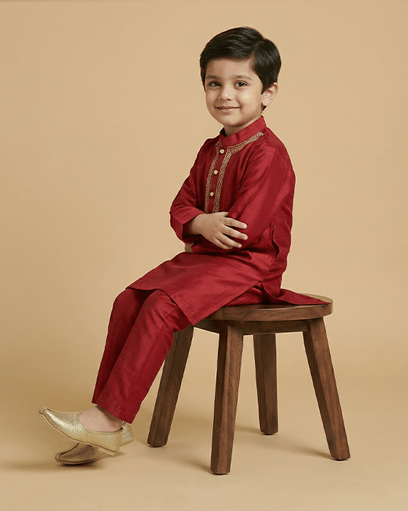 Maroon Dola Silk Kurta Pyjama Set for Boys with Thread & Mirror Work - BYB PREMIUM