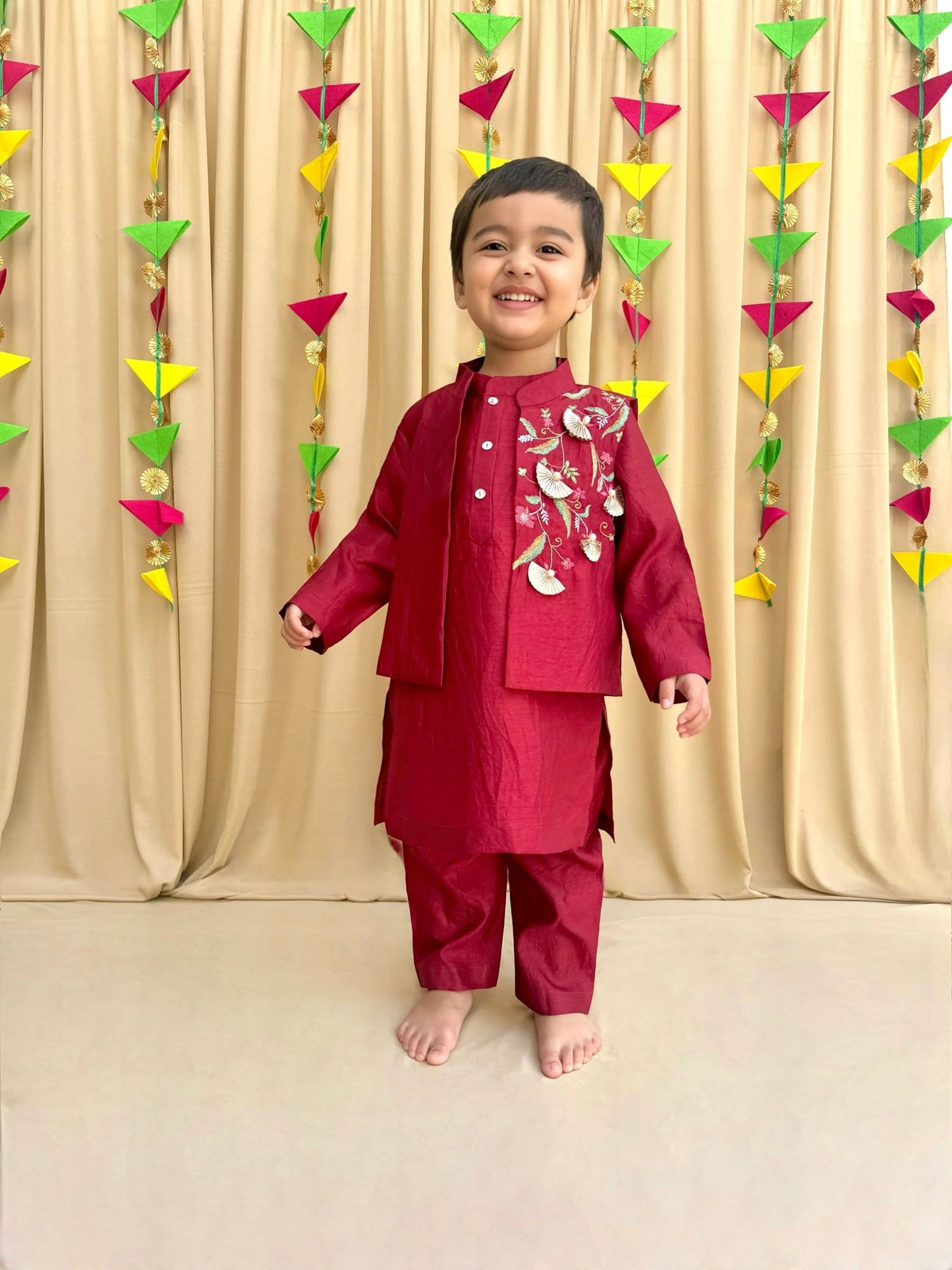 Maroon kurta pyjama with embroidered bandi   byb premium