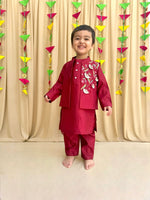 Load image into Gallery viewer, Maroon Kurta Pyjama with Embroidered Bandi - BYB PREMIUM
