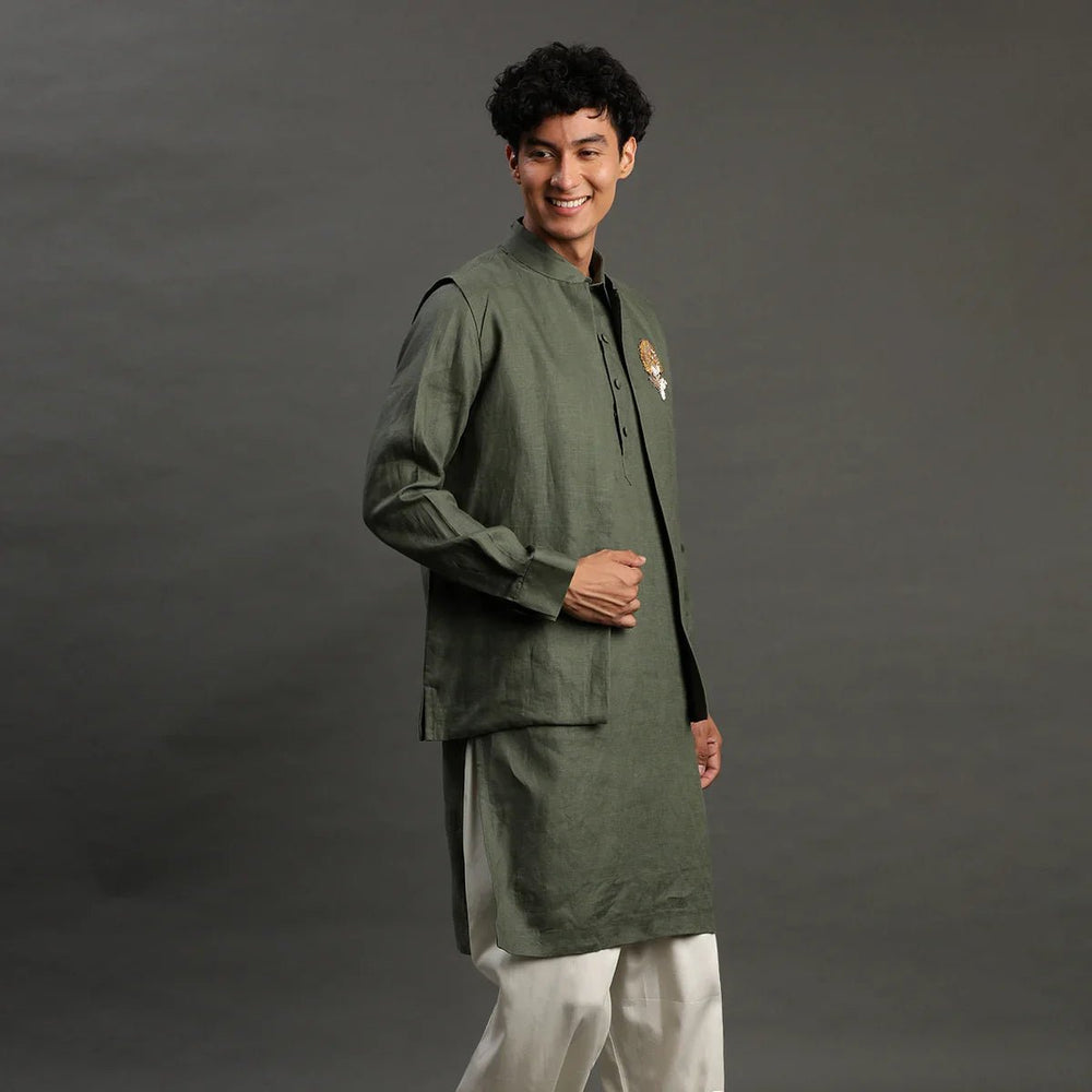 Men Olive Green Kurta Jacket Set – Festive & Wedding Wear - BYB PREMIUM
