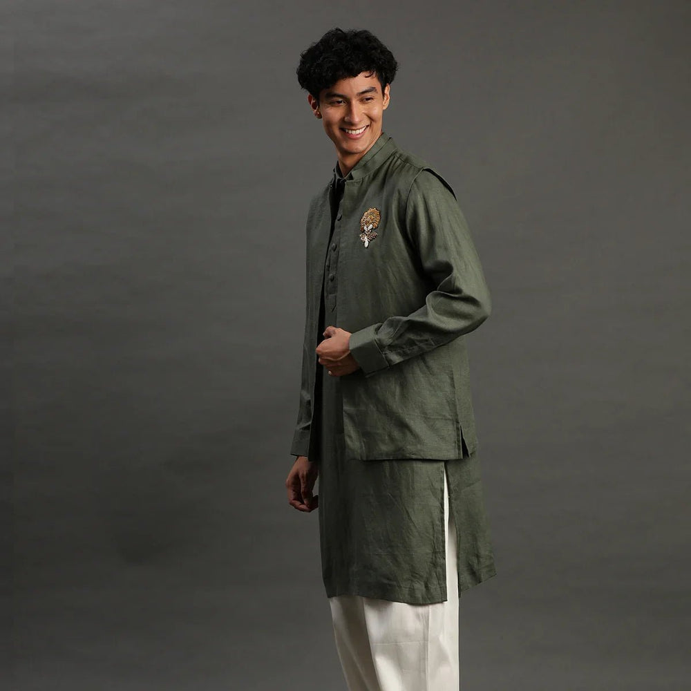 Men Olive Green Kurta Jacket Set – Festive & Wedding Wear - BYB PREMIUM