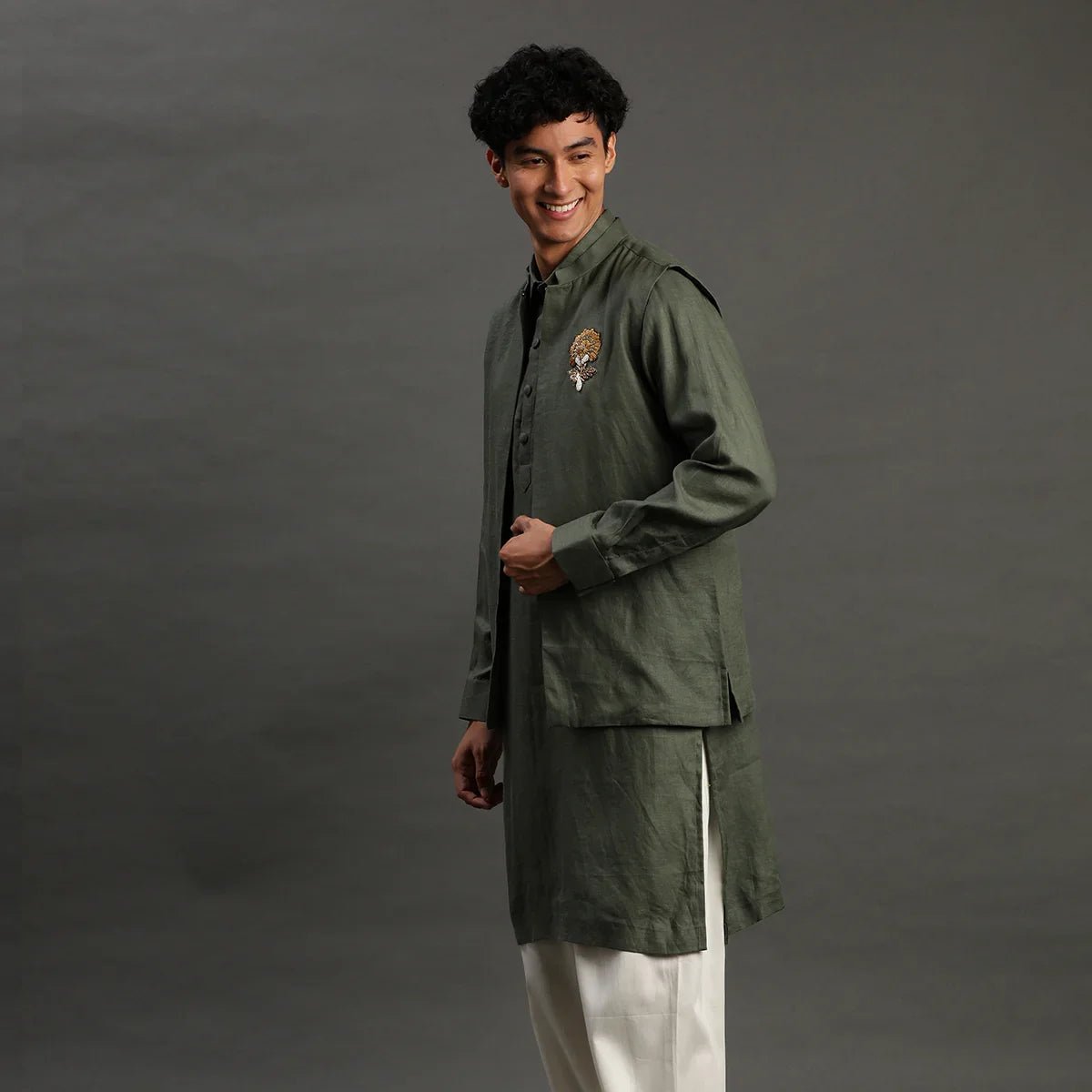 Men olive green kurta jacket set – festive & wedding wear   byb premium