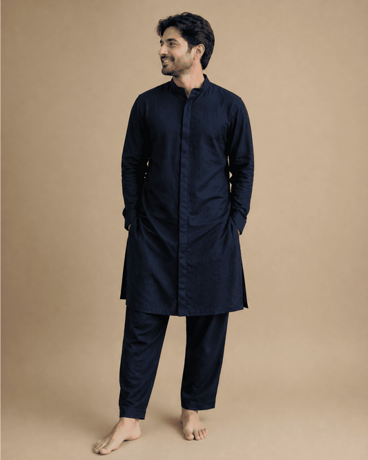 Men‚Äôs Navy Blue Linen Kurta Pajama Set ‚Äì Classic Ethnic Wear - BYB PREMIUM