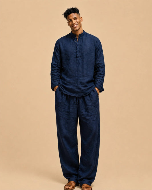 Men's Navy Blue Linen Lounge Set – Breathable Relaxed Fit Linen Co-ord for Men