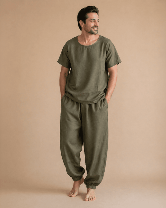 Men's Olive Green Linen Co-ord Set – Comfortable Linen Summer Wear for Men
