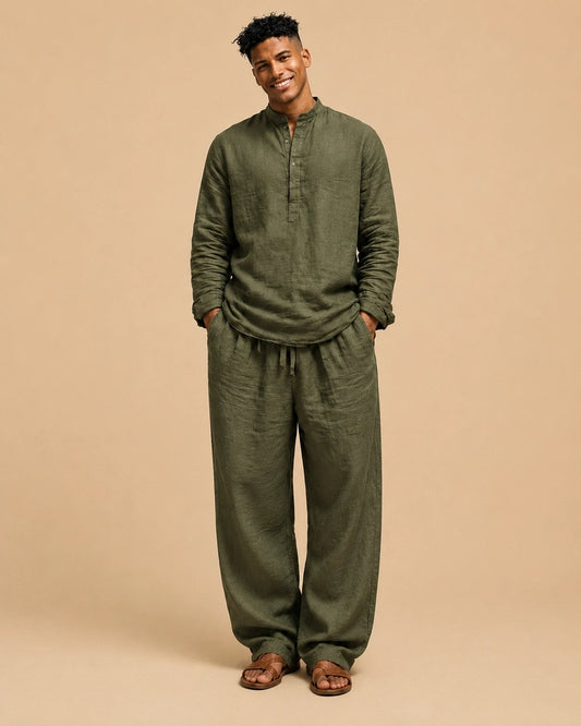 Men's Olive Linen Lounge Set – Premium Relaxed Fit Linen Co-ord Set for Men
