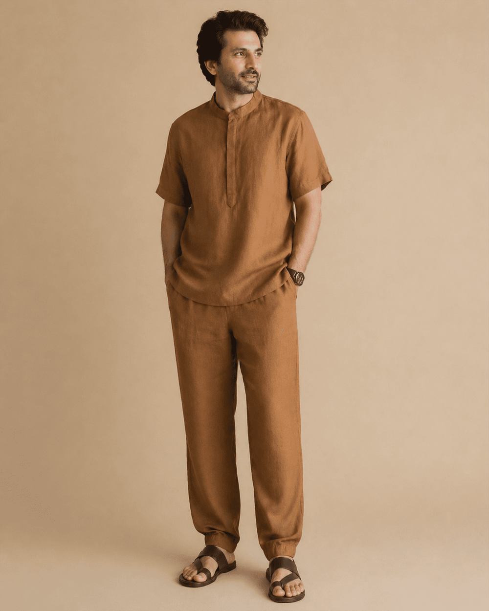 Men's Rust Brown Linen Co-ord Set – Relaxed Fit Linen Clothing for Men