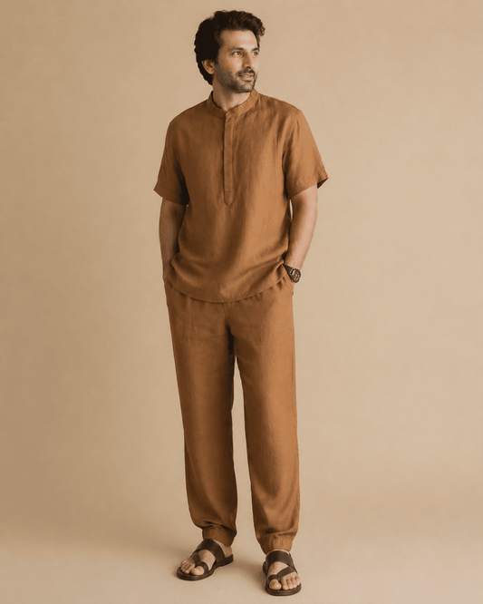 Men's Rust Brown Linen Co-ord Set – Relaxed Fit Linen Clothing for Men