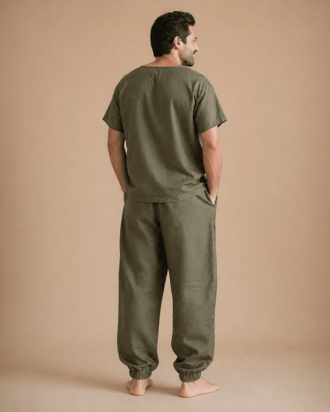 Men’s Olive Green Linen Co-ord Set – Relaxed Fit T-Shirt & Jogger Pants - BYB PREMIUM