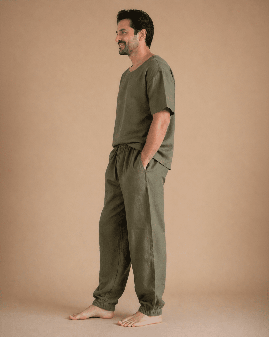 Men’s Olive Green Linen Co-ord Set – Relaxed Fit T-Shirt & Jogger Pants - BYB PREMIUM