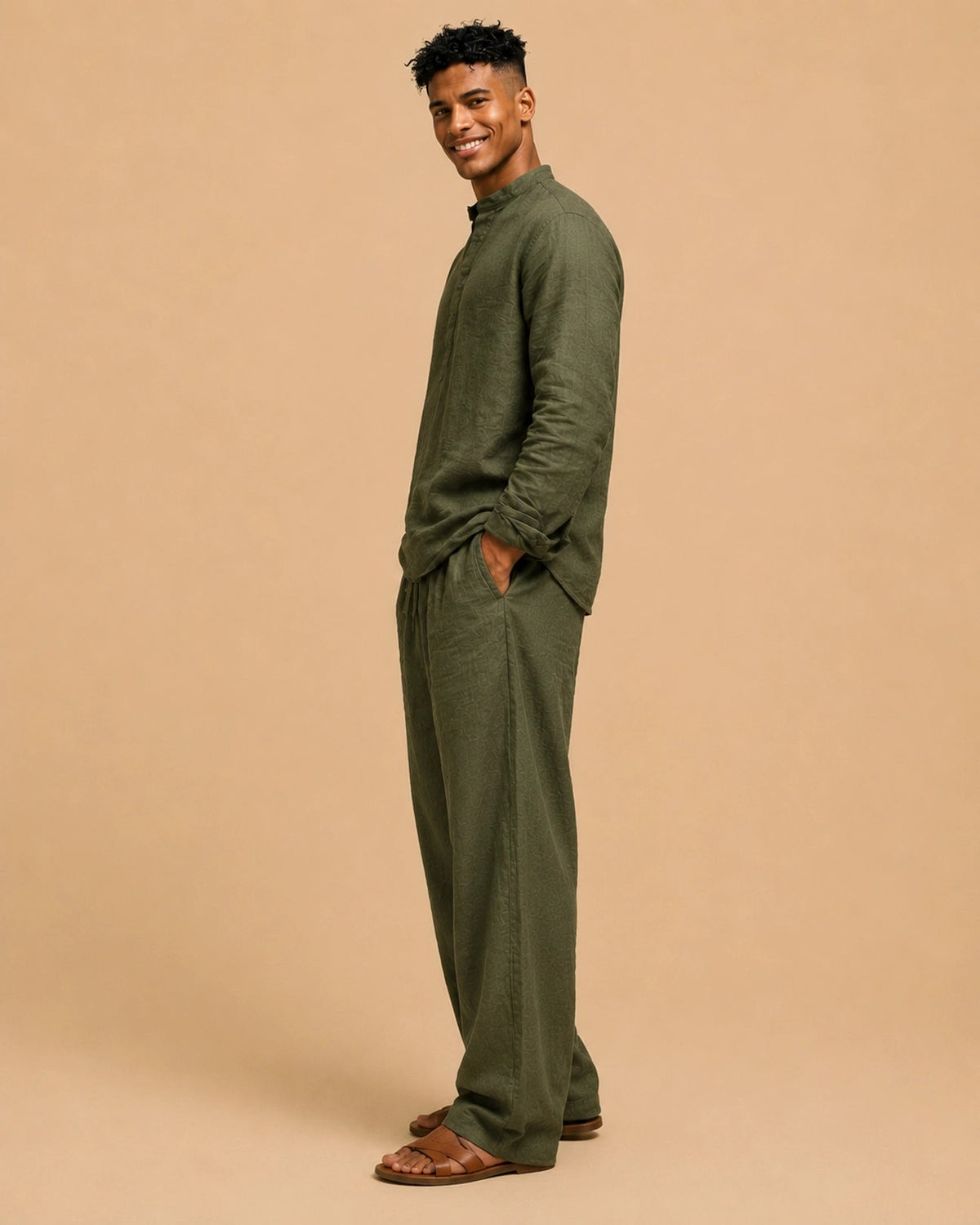 Men’s olive linen lounge set – premium co ord outfit   byb premium