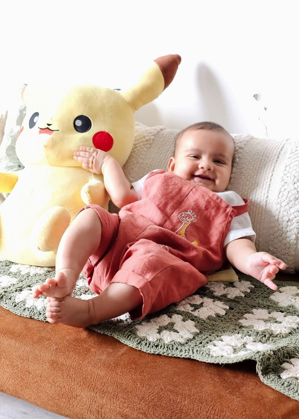 Mocha Rust Linen Dungaree Set for Babies with Embroidered Detail - BYB PREMIUM