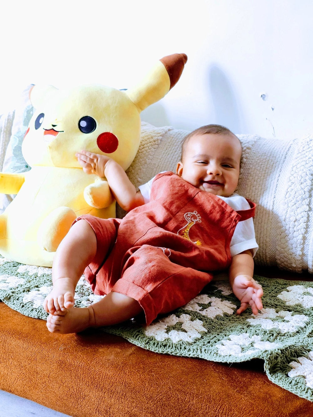 Mocha Rust Linen Dungaree Set for Babies with Embroidered Detail - BYB PREMIUM