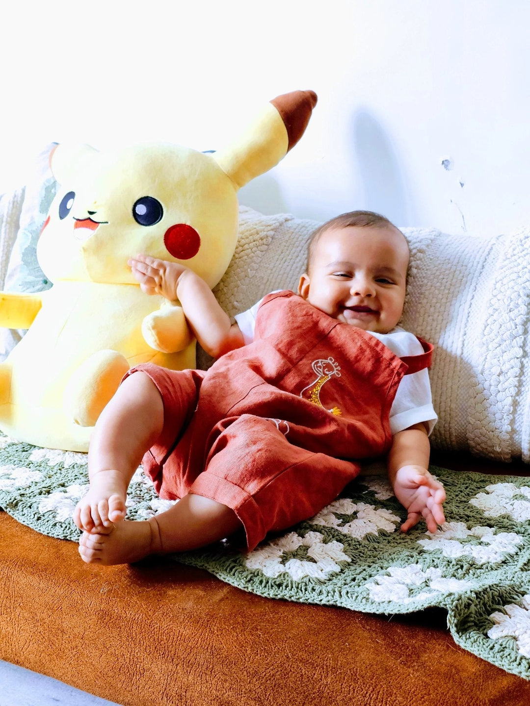 Mocha Rust Linen Dungaree Set for Babies with Embroidered Detail - BYB PREMIUM