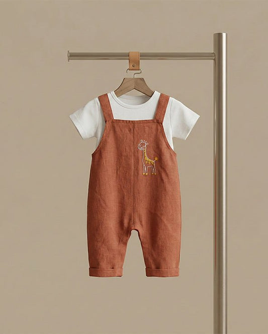 Mocha Rust Linen Dungaree Set for Babies with Embroidered Detail - BYB PREMIUM