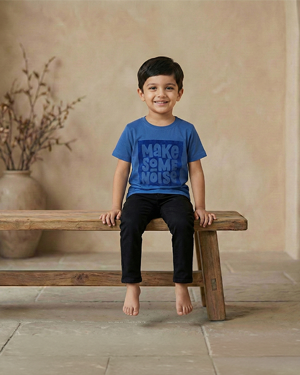 Royal blue cotton “make some noise” sequin t shirt for boys
