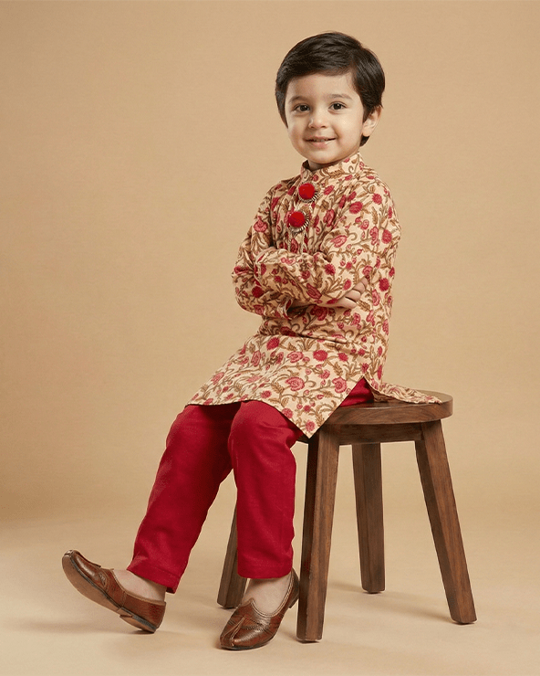 Multicolor Floral Cotton Kurta Pyjama Set for Boys - BYB PREMIUM