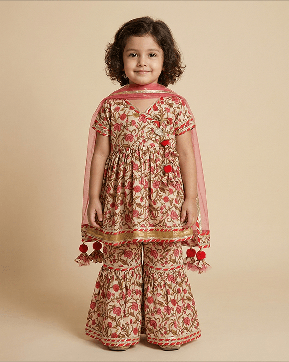 Multicolor Floral Cotton Kurti Sharara Set for Girls with Dupatta - BYB PREMIUM