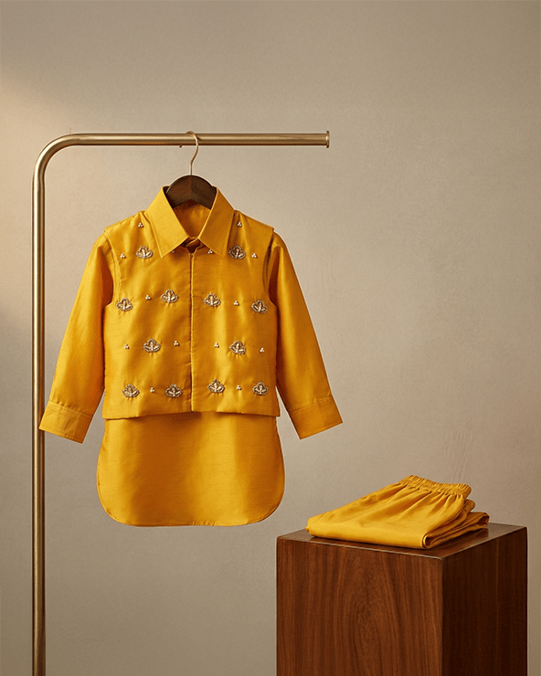 Mustard Yellow Premium Silk Kurta Set for Boys with Embroidered Jacket - BYB PREMIUM