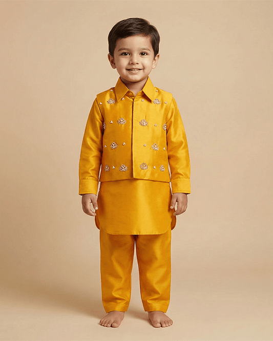 Mustard Yellow Premium Silk Kurta Set for Boys with Embroidered Jacket - BYB PREMIUM