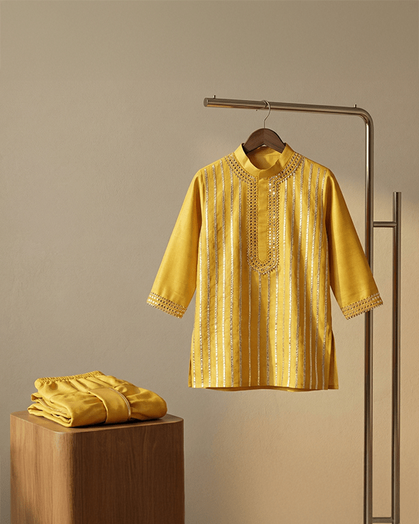 Mustard Yellow Raw Silk Kurta Dhoti Set for Boys - BYB PREMIUM