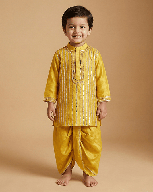 Mustard Yellow Raw Silk Kurta Dhoti Set for Boys - BYB PREMIUM