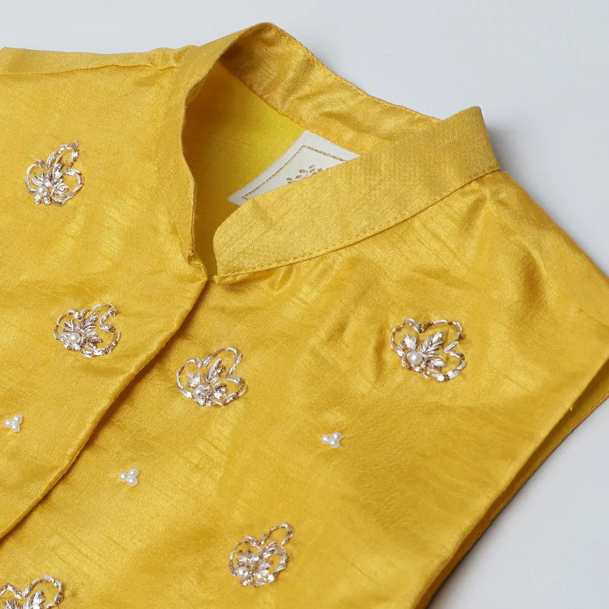 Mustard yellow silk kurta   pyjama with embroidered jacket   byb premium