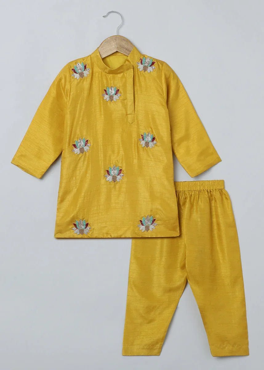 Mustard Yellow Silk Kurta Set for Boys with Lotus Embroidery - BYB PREMIUM