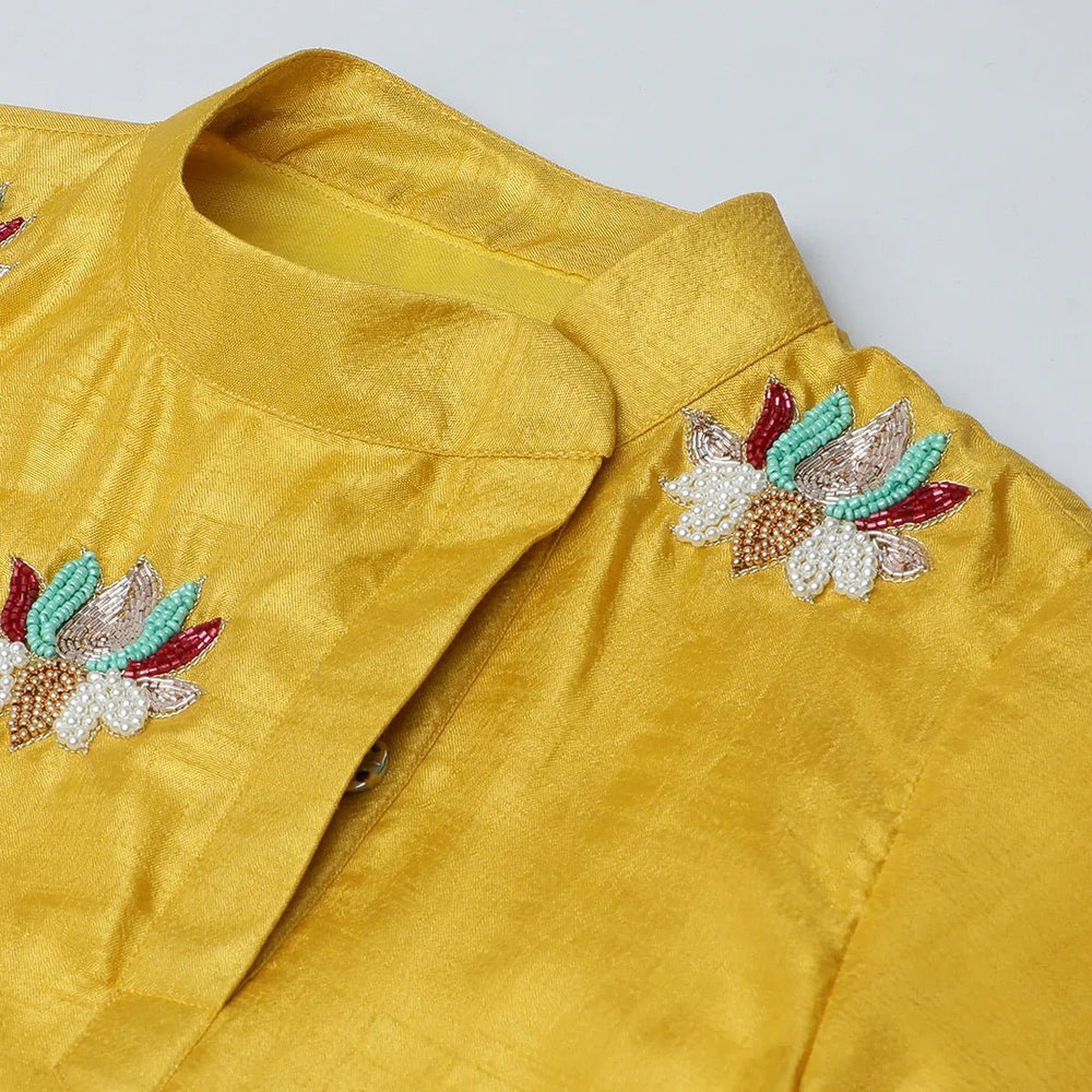 Mustard Yellow Silk Kurta Set for Boys with Lotus Embroidery - BYB PREMIUM