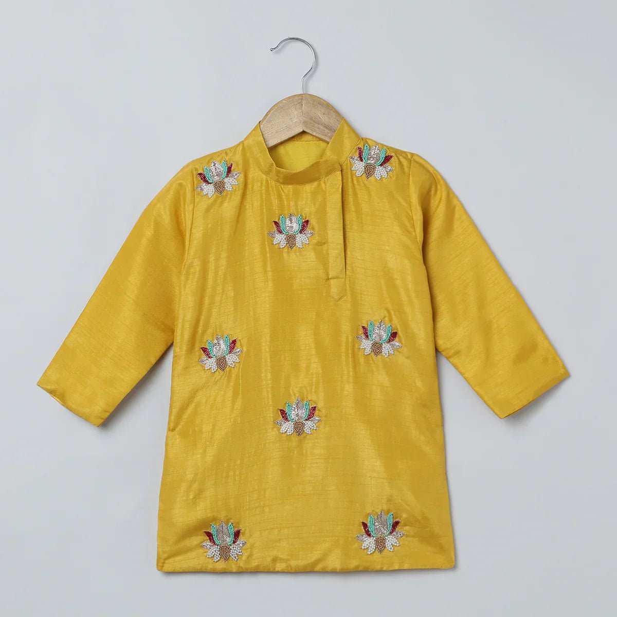 Mustard yellow silk kurta set for boys with lotus embroidery   byb premium