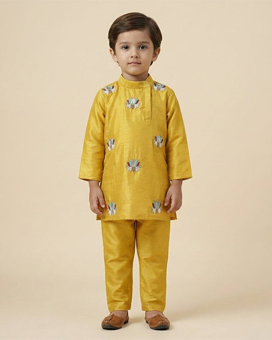 Mustard Yellow Silk Kurta Set for Boys with Lotus Embroidery - BYB PREMIUM