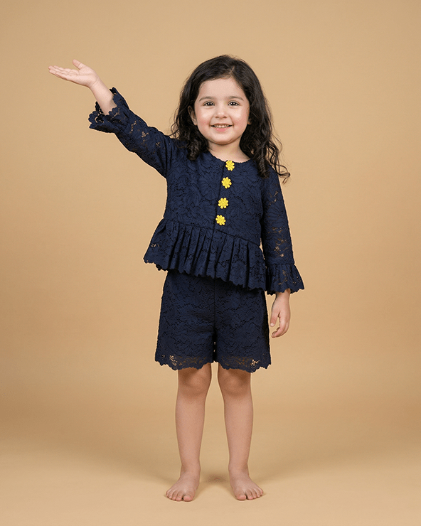 Navy Blue Cotton Nylon Lace Girls Co-ord Set with Scallop Detailing - BYB PREMIUM