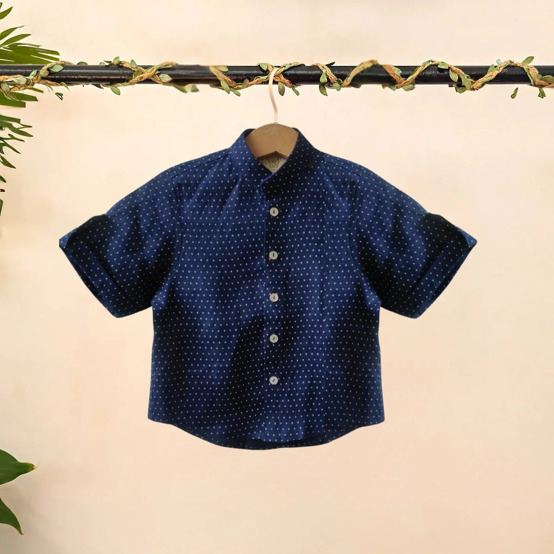 Navy Blue Pure Linen Polka Dot Shirt Set for Boys - BYB PREMIUM