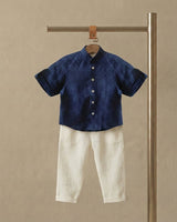 Navy Blue Pure Linen Polka Dot Shirt Set for Boys - BYB PREMIUM
