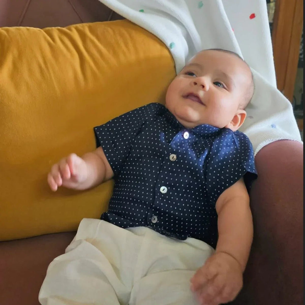 Navy Blue Pure Linen Polka Dot Shirt Set for Boys - BYB PREMIUM