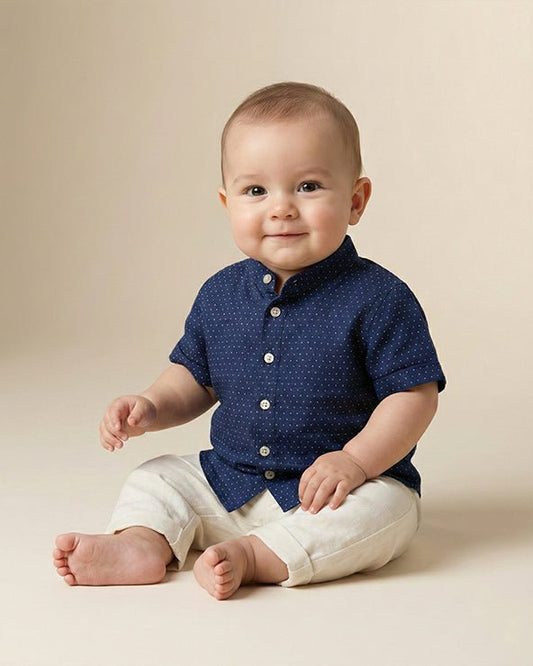 Navy Blue Pure Linen Polka Dot Shirt Set for Boys - BYB PREMIUM