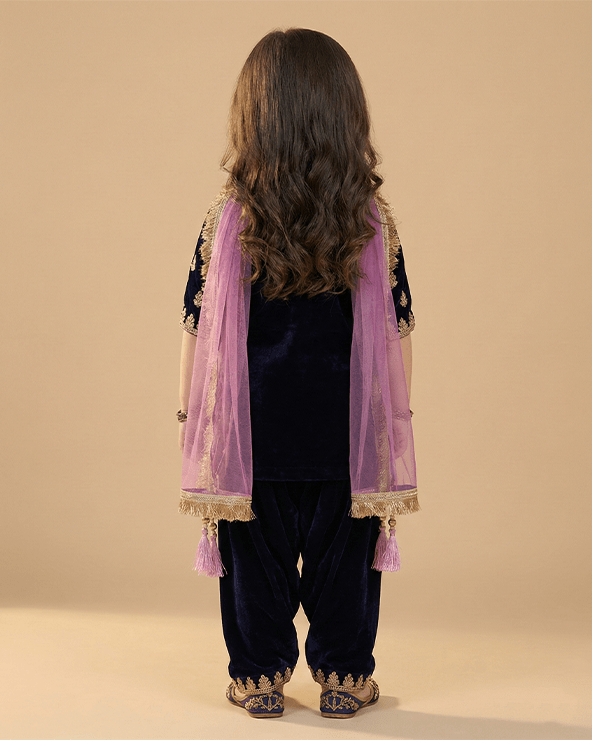 Navy Blue Velvet Kurti Patiala Set for Girls with Dupatta - BYB PREMIUM