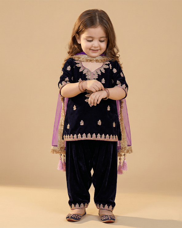 Navy Blue Velvet Kurti Patiala Set for Girls with Dupatta - BYB PREMIUM