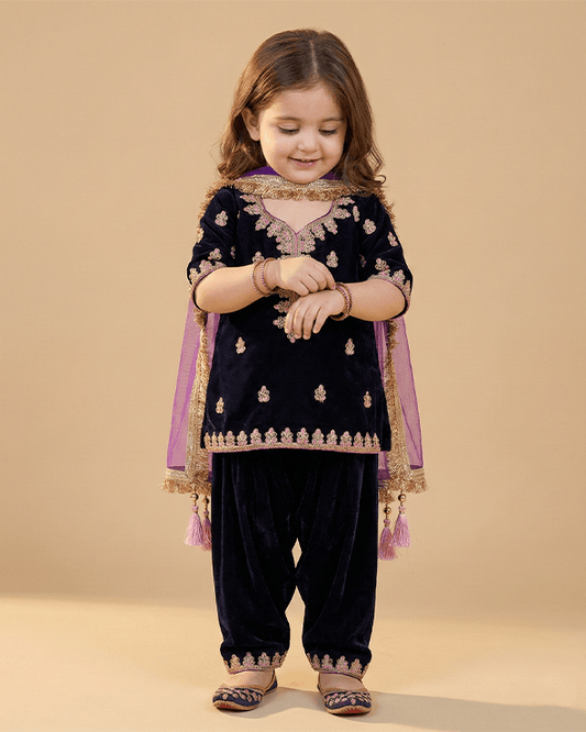 Navy Blue Velvet Kurti Patiala Set for Girls with Dupatta - BYB PREMIUM