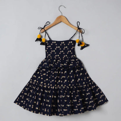 Navy Floral Linen Strap Dress - BYB PREMIUM