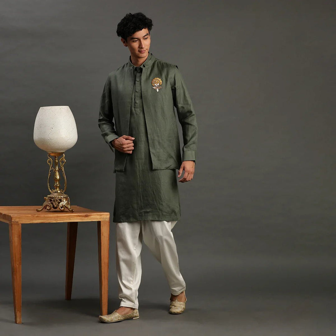 men olive green kurta jacket set for festive and wedding wear
