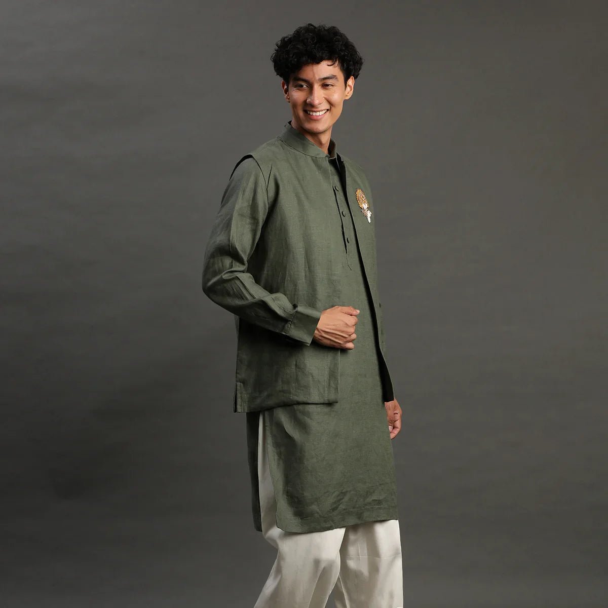 Navy linen kurta pyjama set for men   byb premium
