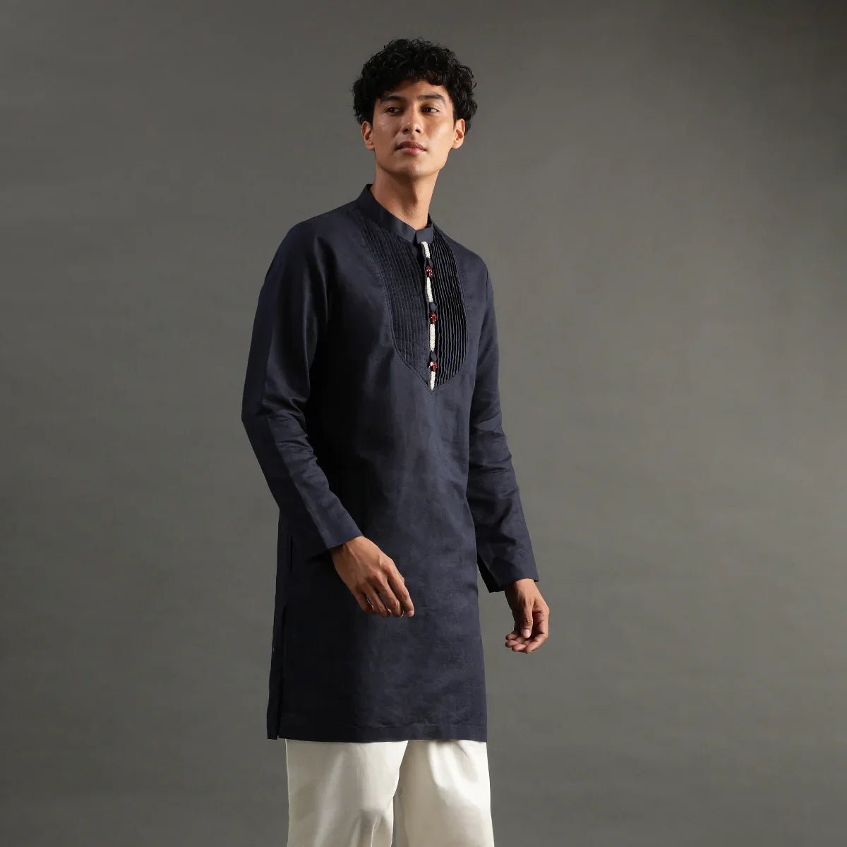 Navy pintuck linen kurta pyjama set for men   byb premium