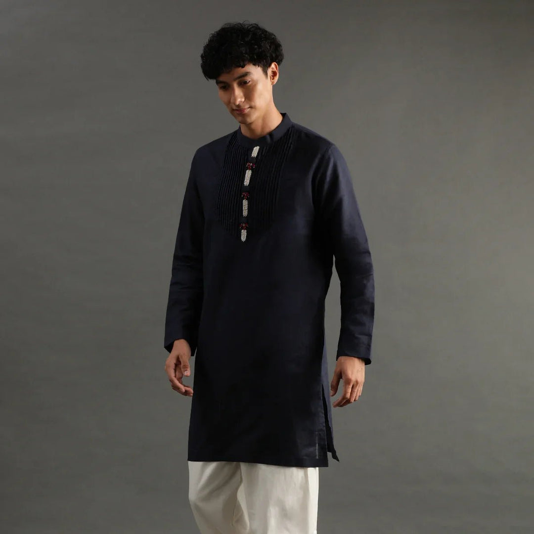 Navy Pintuck Linen Kurta Pyjama Set for Men - BYB PREMIUM
