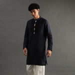 Load image into Gallery viewer, Navy Pintuck Linen Kurta Pyjama Set for Men - BYB PREMIUM
