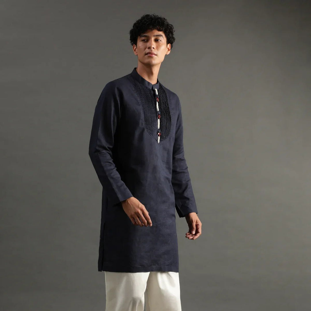 Navy Pintuck Linen Kurta Pyjama Set for Men - BYB PREMIUM